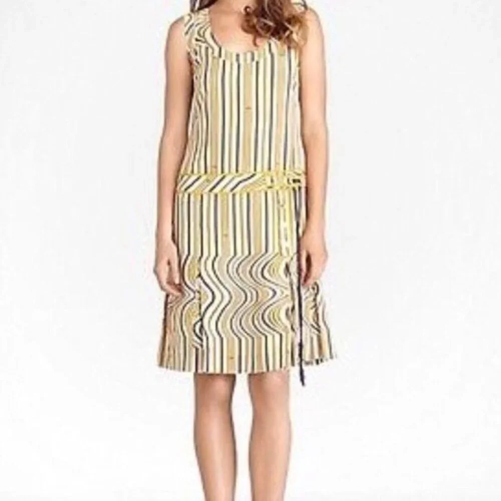 Tory Burch Womens Dress Size 4 Yellow Striped Scoop Neck Knee Length Pure Silk